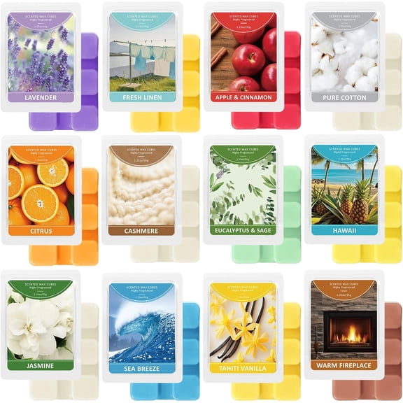 Wax Melts, Scented Soy Wax Cubes for Wax Warmers, 12 Mixed Scents, Lavender, Linen, Apple & Cinnamon Long-Lasting Home Fragrance Wax for Bedroom, Living Room, Office- 12 Packs