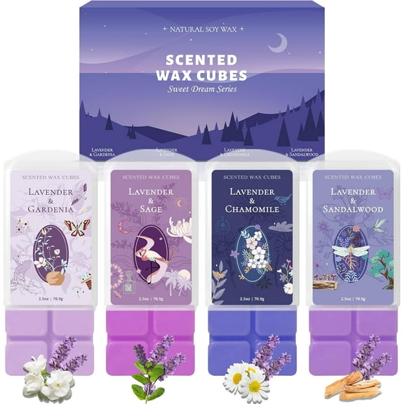 Wax Melts, Wax Cubes Strong Scent, Long Lasting Lavender Scented for Sleep, Wax Melts for Warmer, 2.5 oz 4-Pack - Lavender & Gardenia, Sage, Chamomile, Sandalwood