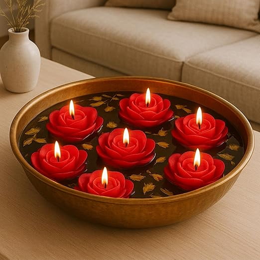 Wax Scented Floating Candles For Home Decor, Rose Fragrance, Flower Shape, Red Colour, Pack Of 8, 7 X 3 Cm