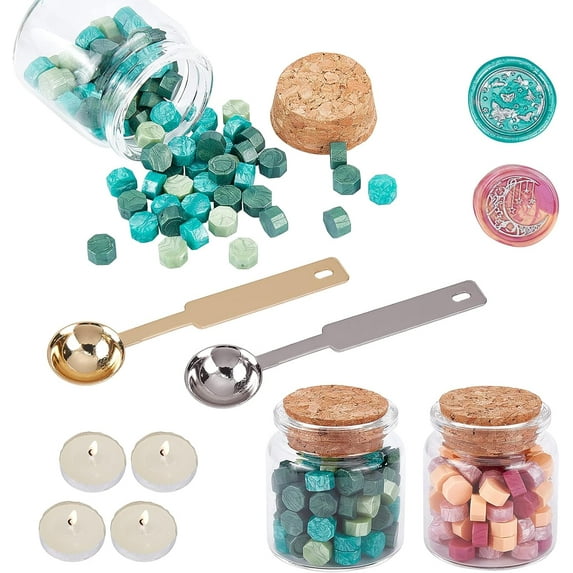 Wax Seal Beads 6 Color Sealing Wax Beads Packed in Glass Jar with 4pcs Candles 2pcs Wax Spoon 180pcs Sealing Wax Kit for Halloween Wedding Invitation Gift Wrap(Pink +Teal Series)