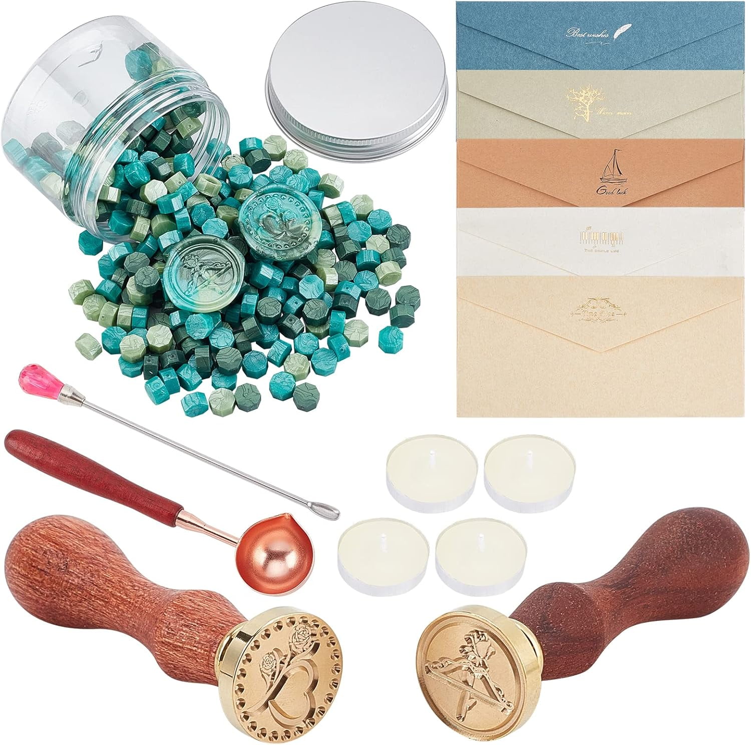 Wax Seal Kit 300pcs Sealing Wax Beads Set with 2pcs Wax Seal Stamp Heart 5pcs Envelopes 1pc Wax Spoon 1pc Stirring 4pcs Candles Wax Seal Kit DIY