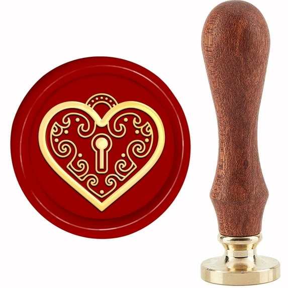 Wax Seal Stamp Heart Lock Pattern Sealing Stamp Valentine's Day Brass Seals 30mm Retro Removable Stamp Head with Wooden Handle for Envelopes Letter Invitations Cards Wedding Gift for DIY