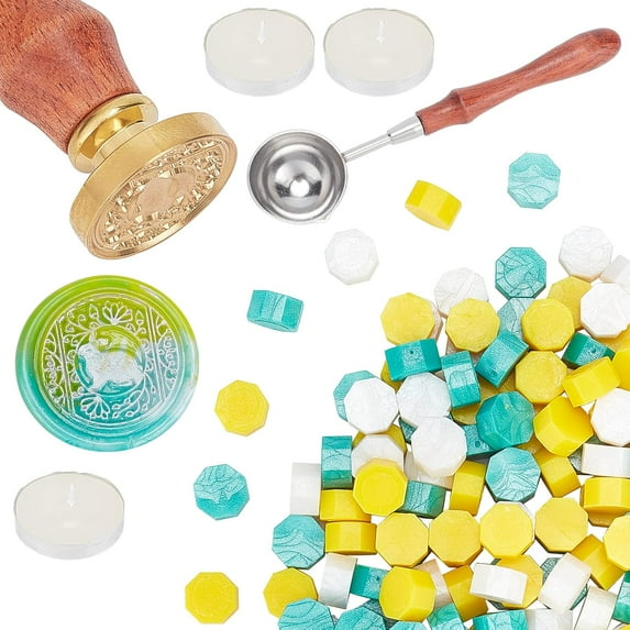 Wax Seal Stamp Kit with 200PCS 3 Color Sealing Wax Beads 25mm Vintage Sealing Wax Stamps Rabbit with Wooden Handle Wax Spoon 3PCS Candles for Sealing Envelope Cards Gift(White+Green+Yellow) DIY