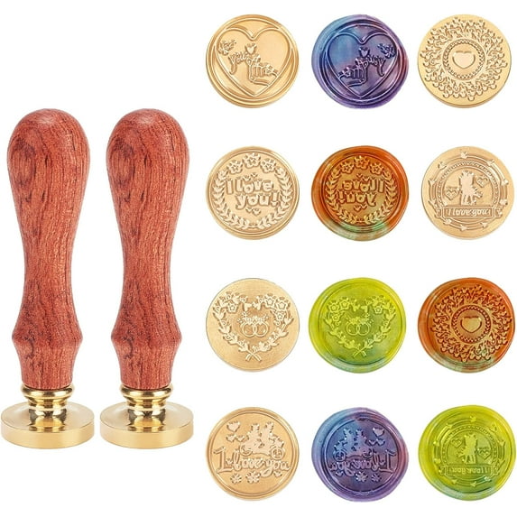Wax Seal Stamp Kit 6 Pcs Love Text Series for You Lovers Sealing Wax Stamp Heads 0.98" with 2 Wooden Handles Vintage Wax Seal Kit for Gift Cards Envelopes Invitations Decor Making DIY