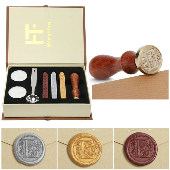 Wax Seal Stamp Kit Classical Old-Fashioned Antique Wax Stamp Seal Kit Initial Letters Alphabet Set Gift Box with Vintage Wooden Handle and Brass Color Head(Letter E)