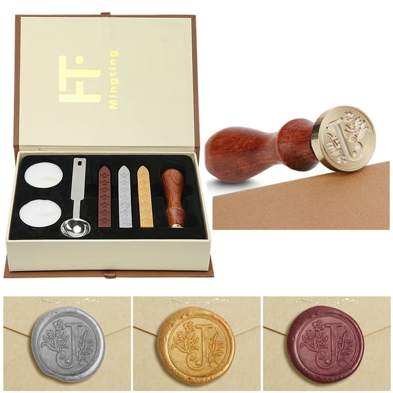 Wax Seal Stamp Kit Classical Old-Fashioned Antique Wax Stamp Seal Kit Initial Letters Alphabet Set Gift Box with Vintage Wooden Handle and Brass Color Head(Letter J)