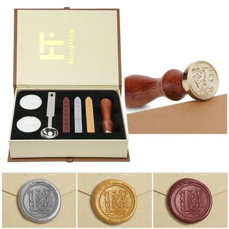 Wax Seal Stamp Kit Classical Old-Fashioned Antique Wax Stamp Seal Kit Initial Letters Alphabet Set Gift Box with Vintage Wooden Handle and Brass Color Head(Letter L)