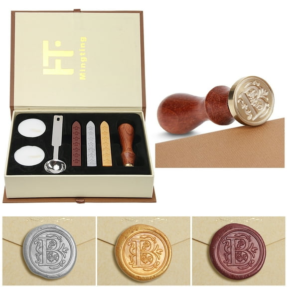 Wax Seal Stamp Kit Classical Old-Fashioned Antique Wax Stamp Seal Kit Initial Letters Alphabet Set Gift Box with Vintage Wooden Handle and Brass Color Head(Letter B)