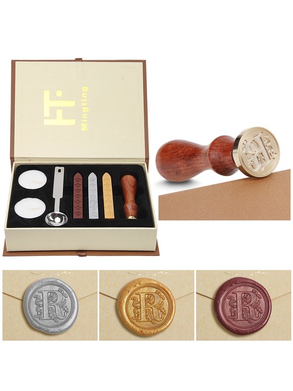 Wax Seal Stamp Kit Classical Old-Fashioned Antique Wax Stamp Seal Kit Initial Letters Alphabet Set Gift Box with Vintage Wooden Handle and Brass Color Head(Letter R)