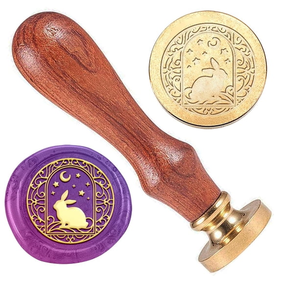 Wax Seal Stamp Set Golden Tone Sealing Wax Stamp Solid Brass Head with Retro Wood Handle for Envelopes Invitations Gift Card Rabbit 83x22mm Stamps: 25x14.5mm