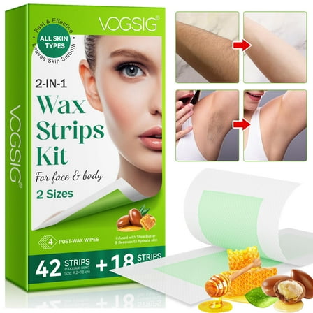Wax Strips for Hair Removal,Wax Kit for Face & Body, Double-Sided, Leave Skin Smooth, with Shea Butter & Beeswax, 42+18P