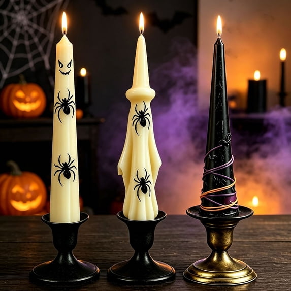 Wax Taper Candles, Gothic Hat Design for Candleholders, Mantelpiece and Party Centerpiece Decor, Halloween Holiday Ambiance, Lazyguy