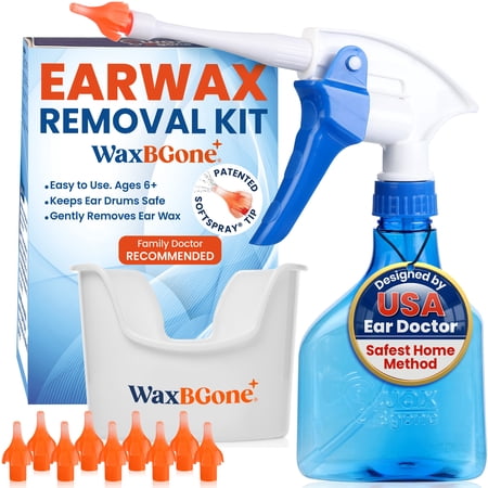 WaxBGone® Ear Wax Removal Kit – Ear Cleaning Kit, Made from Medical Grade Material, Safe for Delicate Eardrums – Includes 10 Reusable SoftSpray® Irrigation Tips & Ear Basin