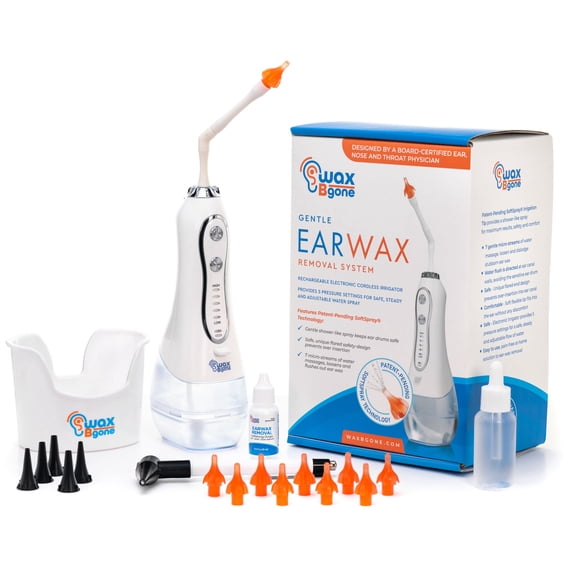 WaxBgone Ear Wax Removal Kit - Safe Electronic Ear Cleaner with Otoscope, 5 Water Pressure Settings, 10 Disposable SoftSpray Tips, 2 Wands, Ear Basin, and Earwax Drops - Waterproof and Rechargeable