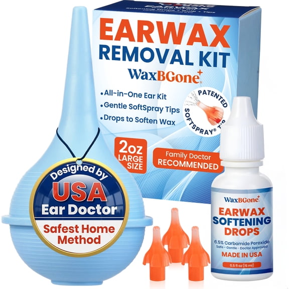 WaxBGone Ear Wax Removal for Adults, Kids & Infants Ear Bulb Syringe Kit, Ear Syringe for Removing Earwax, Includes Bulb Syringe & SoftSpray Irrigation Tips for Safe, Gentle Cleaning