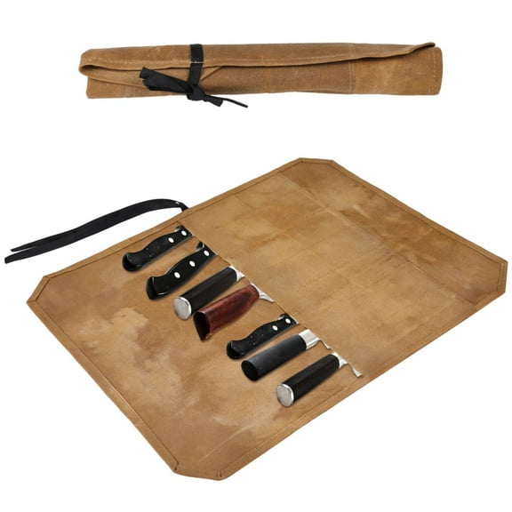 7-Slot Waxed Canvas Knife Roll - Waterproof Cutlery Organizer with Carry Rope, Portable Kitchen Cutlery Organizers for Kitchen, Camping, BBQ, Culinary School