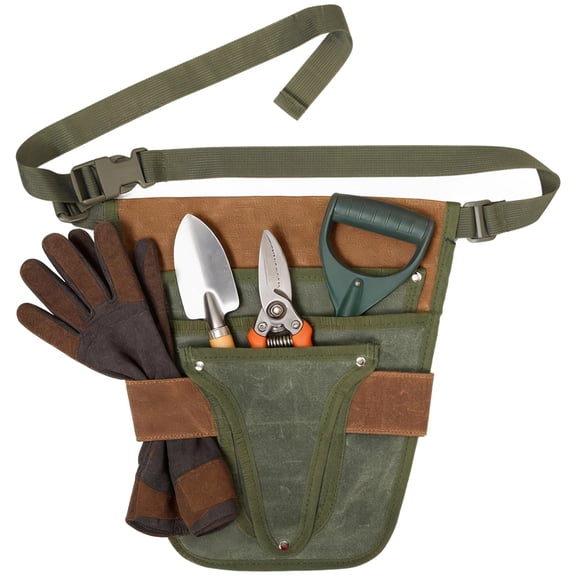 Waxed Canvas Garden Tool Belt,Waterproof & Adjustable Waist Bag with Multiple Pockets,Heavy-Duty Tool Organizer for Planting,Weeding,Landscaping