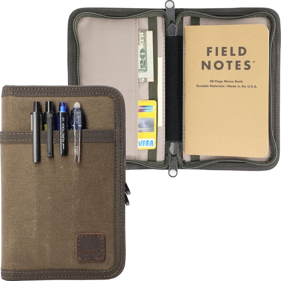 Waxed Canvas Journal Cover for 3.5" x 5.5" Notebooks with YKK Zipper and Multiple Pockets