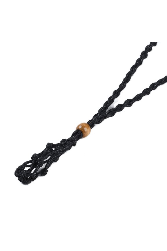 Waxed Cord Empty Macrame Pouch Slider Necklace Making with Wood Beads Black 34.65x0.28x0.12 inch(88x0.7x0.3cm)