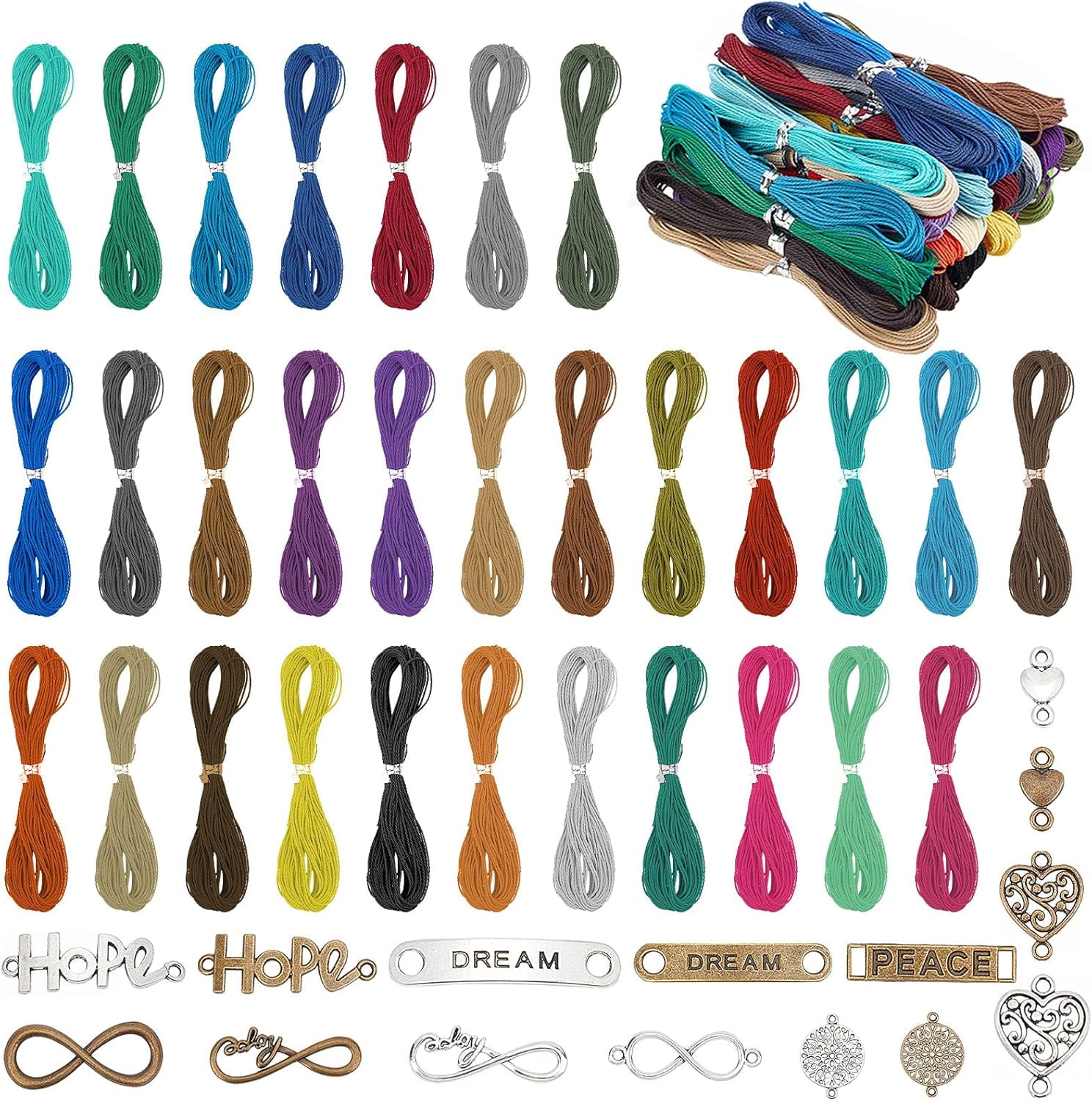 Waxed Polyester Cord Kit 328 Yards 30 Colors 1mm Waxed Polyester Twine Cord and 30 Pcs Tibetan Style Alloy Links Connectors Macrame Bracelet Thread Waxed String for DIY Jewelry Making Mixed Color
