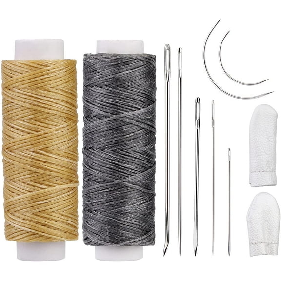 Waxed Thread 110 Yard, Nylon Threads for Sewing, 7 Pcs Leather Sewing Needles, Needle and Thread Kit for Sewing Hair, Canvas Sofa Furniture Repair (Grey + Khaki Waxed Thread)