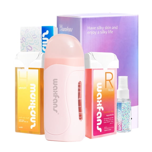 Waxfans Roll On Wax Kit, Wax Roller Kit, Waxing Kit for Women & Men,Cera Para Depilar for Home Hair Removal on Body and Legs, with 2 Wax Refills (Honey & Rose) & 50 Pcs Wax Strips, Easy & Smooth