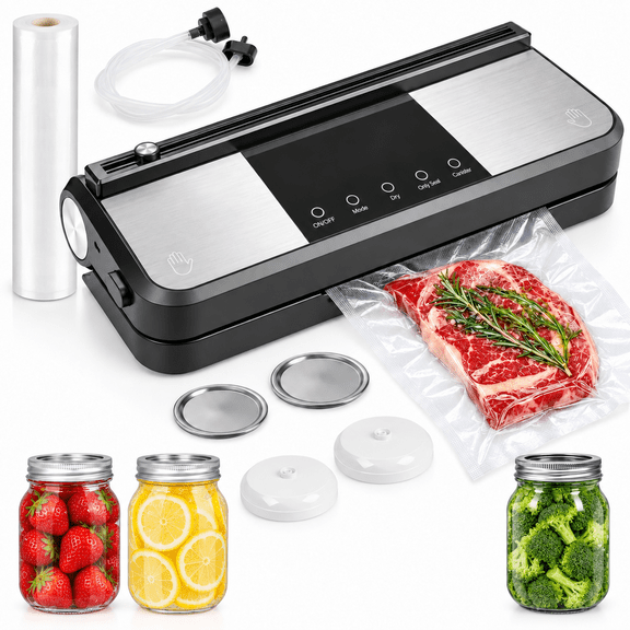 Waxikra Cordless Vacuum Sealer Machine, Rechargeable Food Sealer with -60KPa Suction, Dry & Moist Modes Automatic Air Sealer Kit with Mason Jar Sealer & Hose for Food Storage