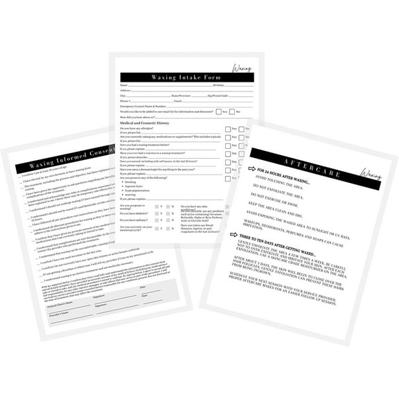 Waxing Consent, Intake and Aftercare Forms  75 Pack  8.5 x 11" A1 Forms  Clients Signature  25 Intake Forms, 25 Consent Forms, 25 Aftercare Forms
