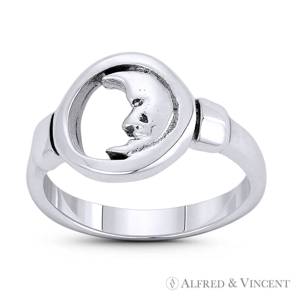 Waxing Crescent Moon Face Lunar Sky Celestial Charm Right-Hand Stackable Ring in Oxidized .925 Sterling Silver