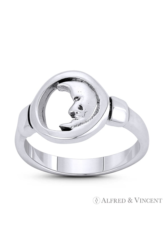 Waxing Crescent Moon Face Lunar Sky Celestial Charm Right-Hand Stackable Ring in Oxidized .925 Sterling Silver