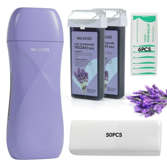 Waxkiss Roll On Depilatory Wax Hot Wax Warmer Heater Cartridge Hair Removal Waxing Kit,100ml*2 Rolling Low Temperature Vegan Wax Refill with 50 Large wax strips and 6pcs After-Wax Wipes,Lavender