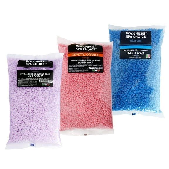 Waxness Spa Choice Assorted Hard Wax Beads 2.2 lb 1 kg Pack of 3 - Purple Jasmine, Crystal Orange, Blue Gel