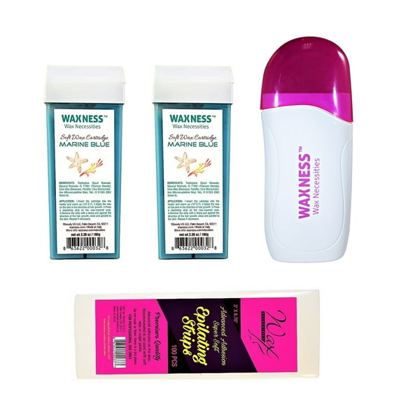 Waxness Wax Necessities Wax Heater WX1-C & 2 x Marine Blue Soft Wax Cartridge, 1X Epilating Strips