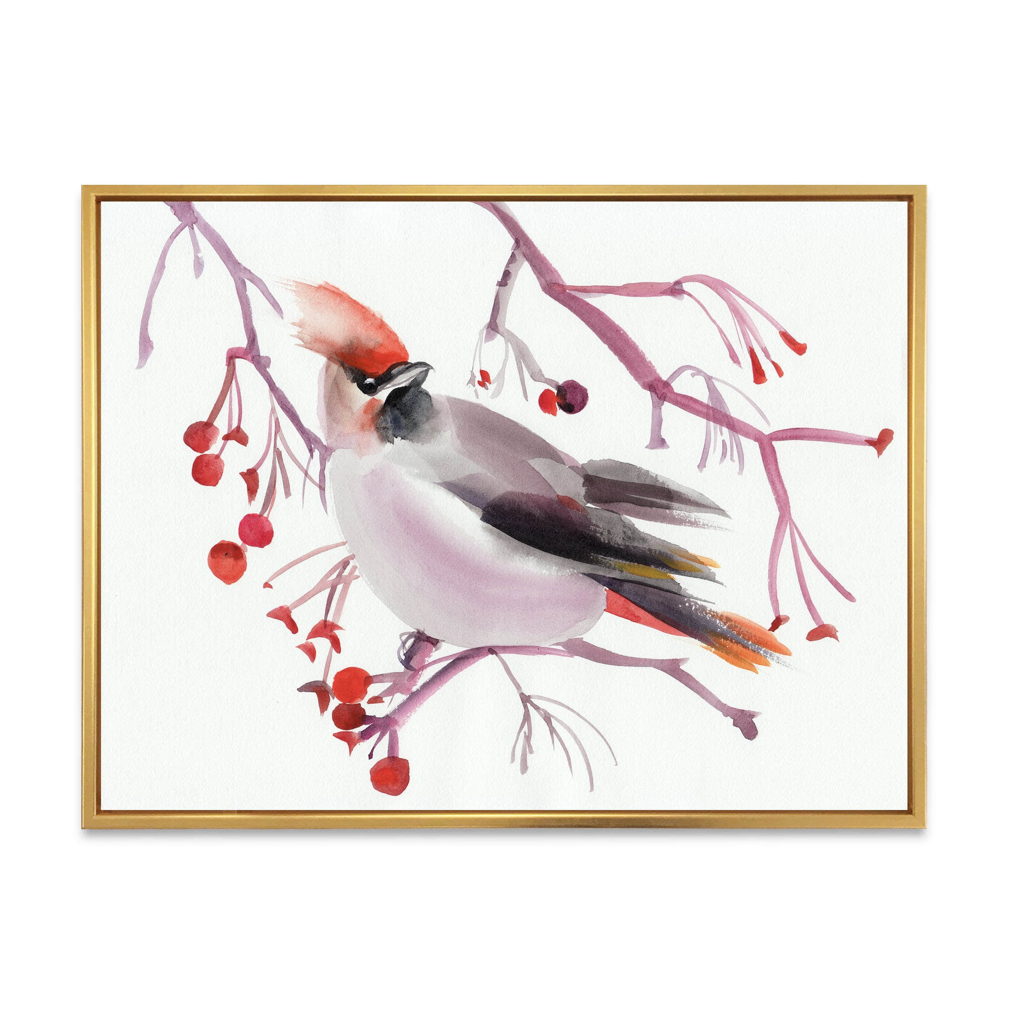 Waxwing Bird Sitting On A Branch 32 in x 24 in Framed Painting Canvas Art Print, by Designart