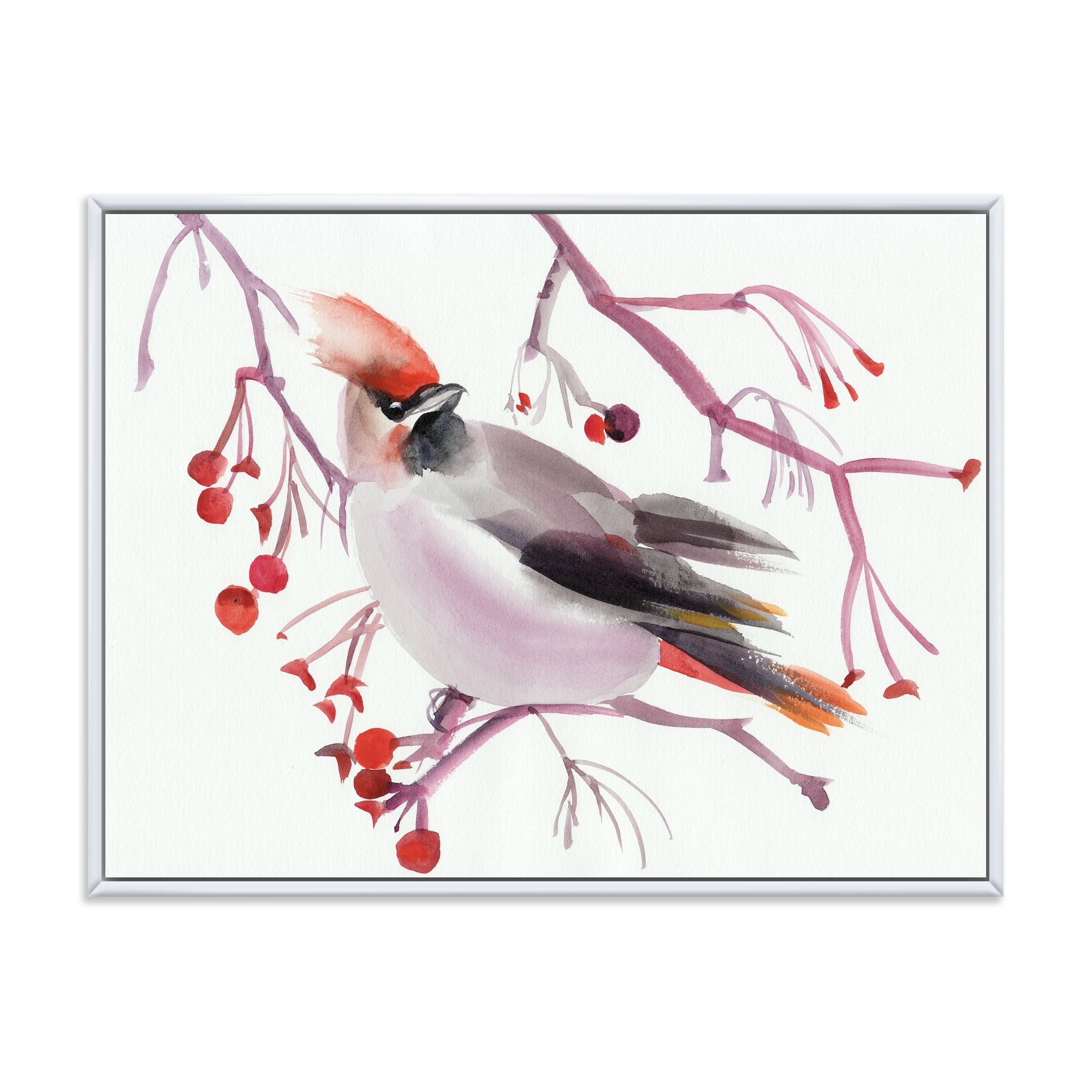 Waxwing Bird Sitting On A Branch 32 in x 24 in Framed Painting Canvas Art Print, by Designart