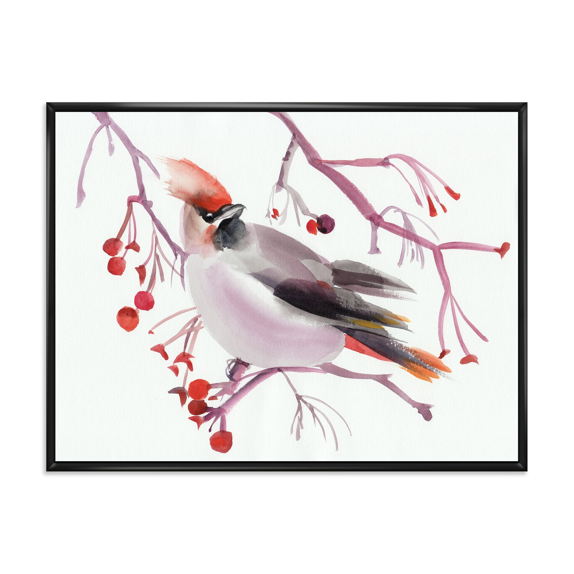 Waxwing Bird Sitting On A Branch 32 in x 24 in Framed Painting Canvas Art Print, by Designart