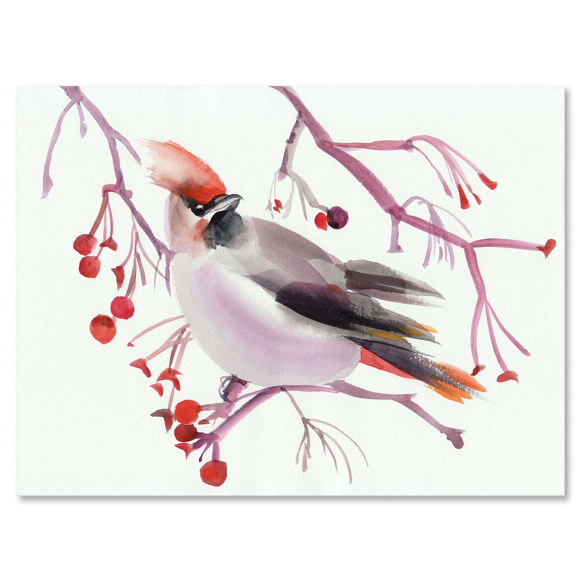 Waxwing Bird Sitting On A Branch 32 in x 24 in Painting Canvas Art Print, by Designart