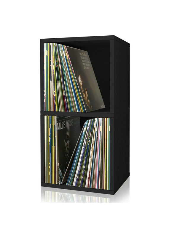 Way Basics 2 Tier Vinyl Storage Box Cube, LP Record Album Turntable Stand, Black
