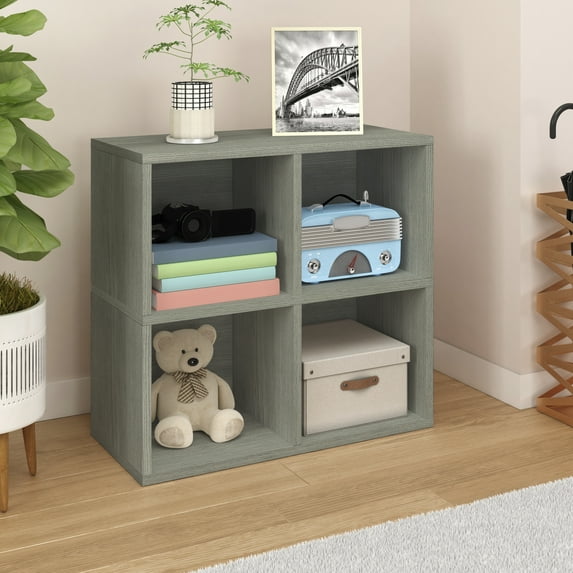 WAY BASICS Quartet 4 Cubby Bookcase - Cube Shelf Organizer (12 x 26.4 x 24.8), London Grey