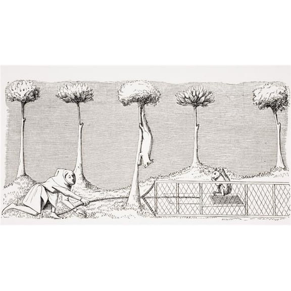 The Way To Catch Squirrels On The Ground In The Woods 19th Century Reproduction of 14th Century Miniature In Manuscript of The Livre Du Roy Modus Poster Print, 19 x 10