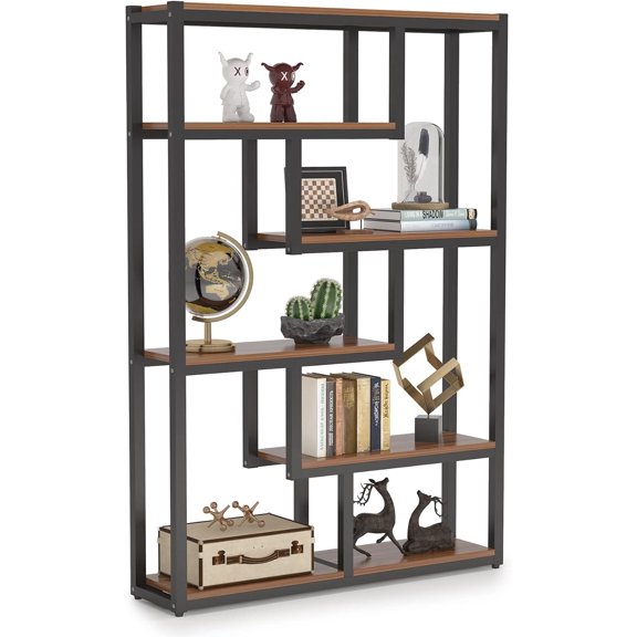 Way to Origin 6-Shelf Industrial Bookshelf Set of 2, Vintage Etagere Bookcase, 69 Inch Tall Storage Display Staggered Shelves with Sturdy Metal Frame for Home Office, Dark Walnut & Black