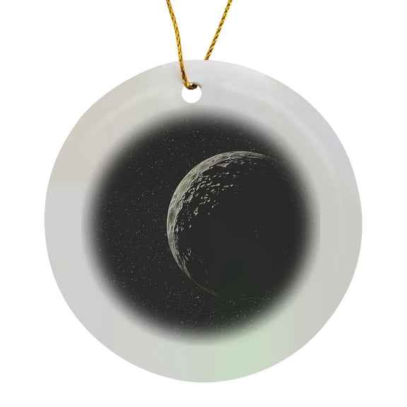 3drose, Way over Yonder Scene from Space with an Asteroid and Distant Blue Planet, Circle Porcelain Ornament