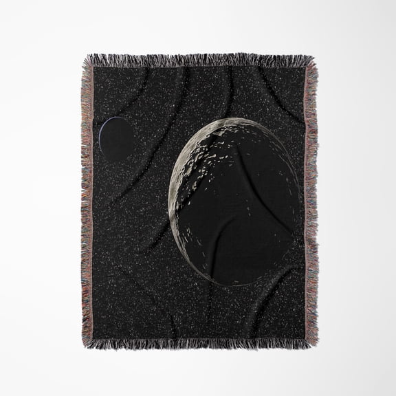 Way Over Yonder Scene From Space With An Asteroid And Distant Blue Planet, Woven Blanket
