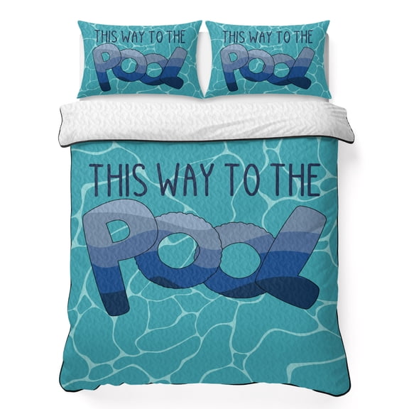 This Way To The Pool 3 Piece Quilt Bedding Set with 2 Pillow Shams, Abstract Summer Letter Print Lightweight Bedspread Coverlet, Soft Breathable All Season Quilt, 68 x 86 Inch