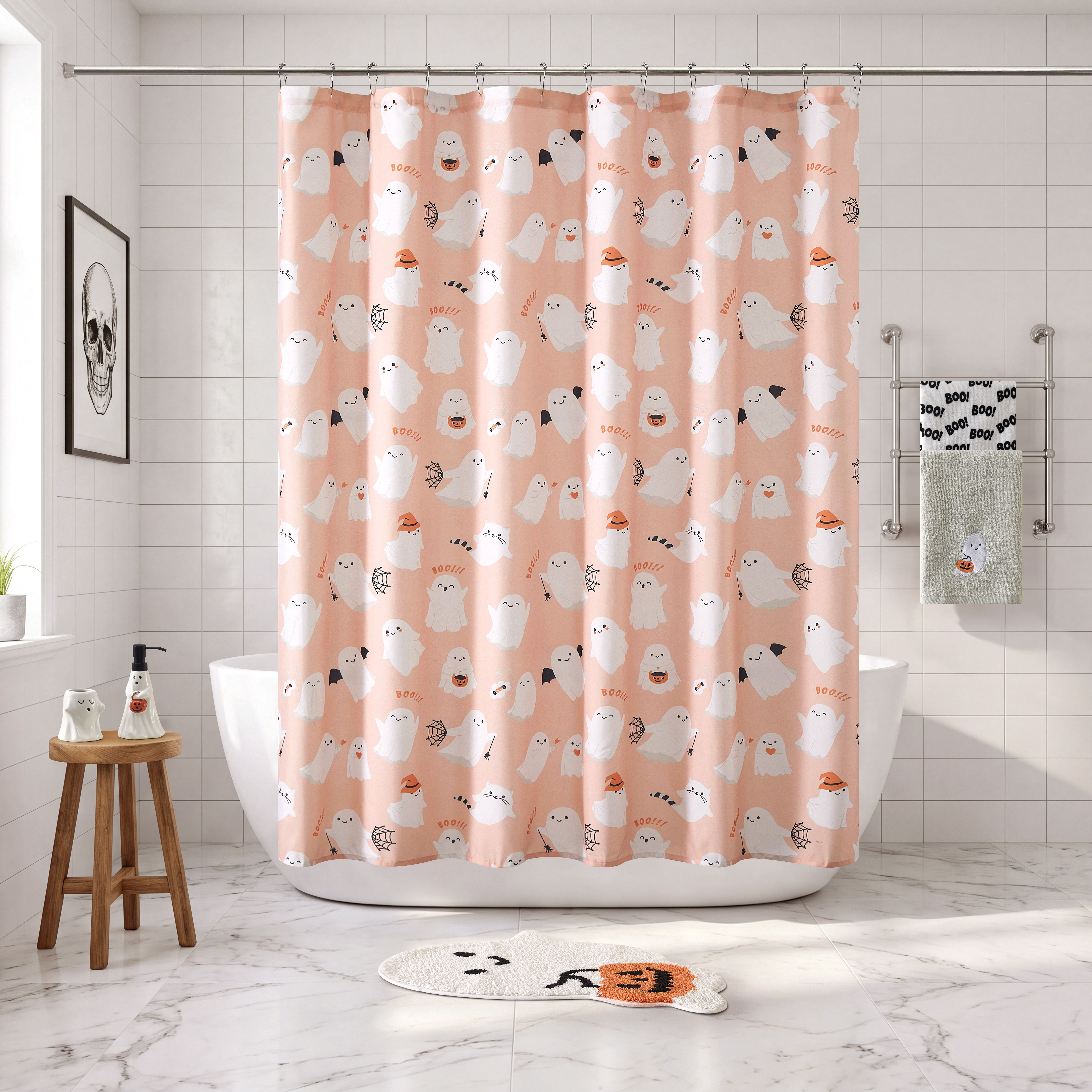 Way To Celebrate 13-Piece Cute Ghost Shower Curtain Set with 12 Hooks, Pink
