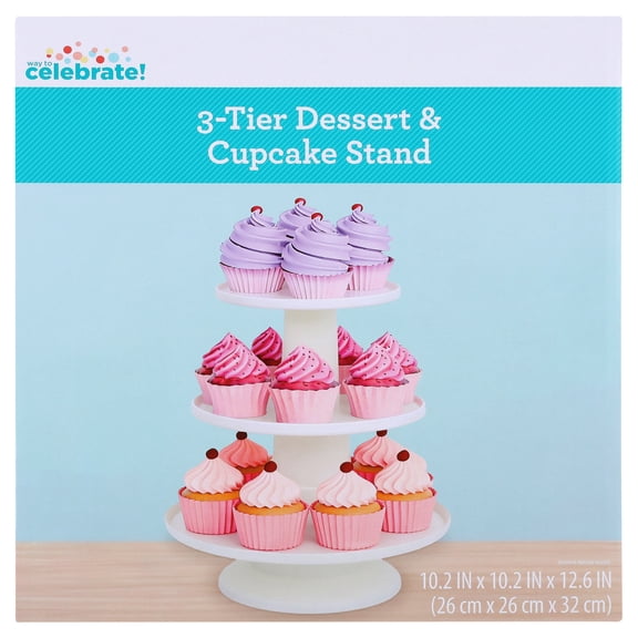 Way To Celebrate 3-Tier Dessert & Cupcake Stand, 10.2 x 10.2 x 12.6 Inch, White Plastic