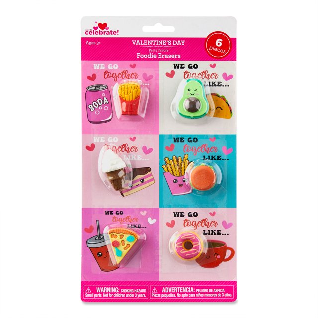 Way To Celebrate 6 Foodie Erasers, Multi Colors, Valentine's Day