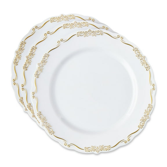 Ornate Disposable Plastic Plates, 10", Gold/White, 20 Count, by Way To Celebrate