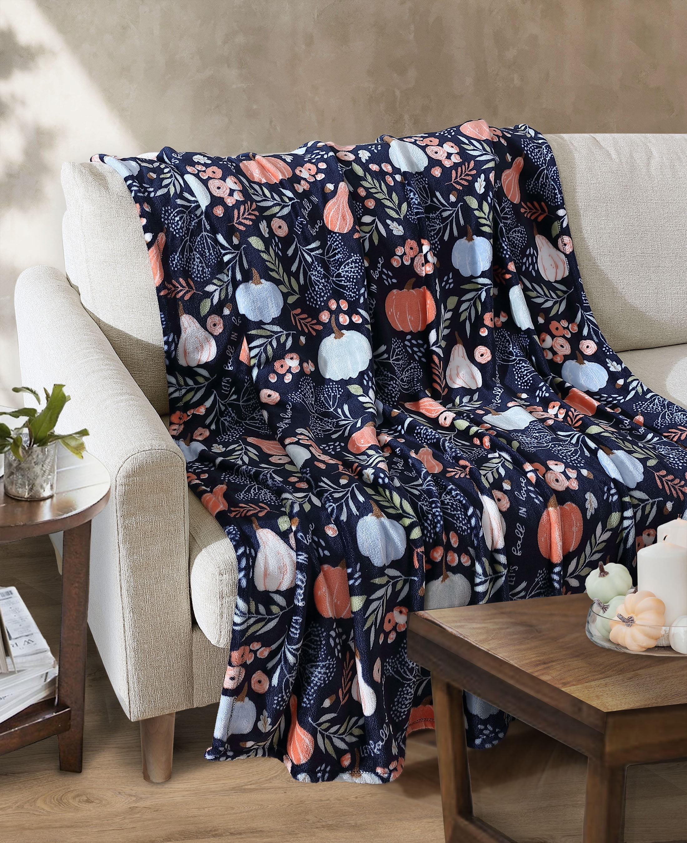 Way To Celebrate Harvest Gourds and Pumpkins Plush Throw Blanket Navy Standard Throw Walmart