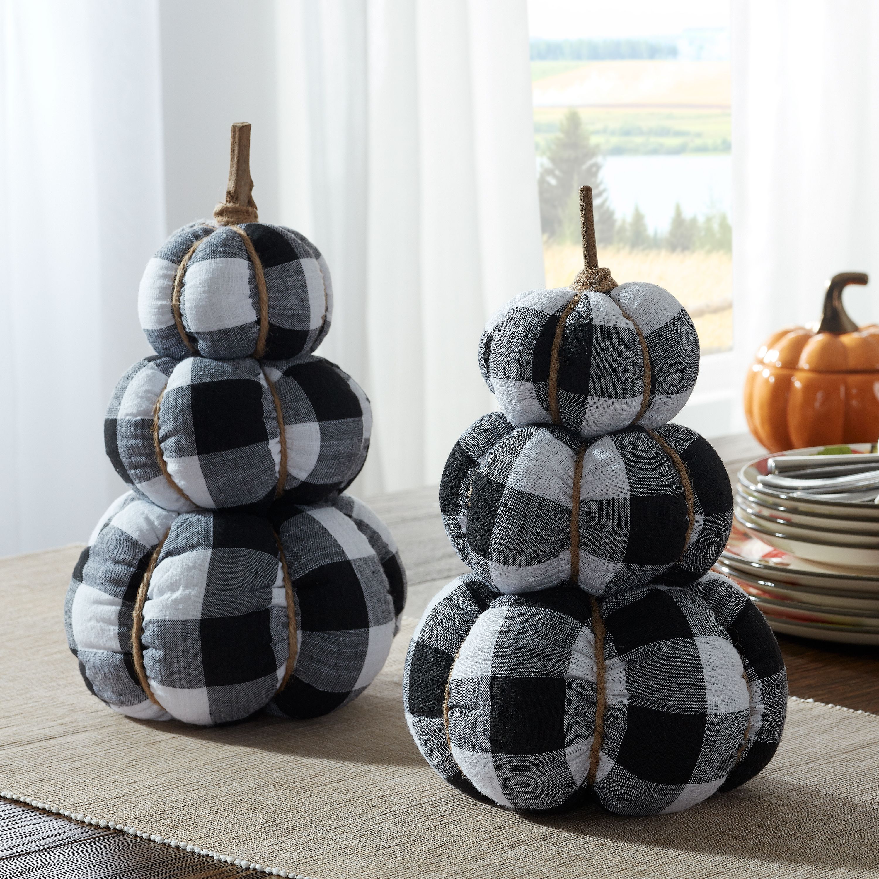 Way To Celebrate Harvest Plaid Stacked Fabric Pumpkins, Black, 2 Count - image 1 of 4